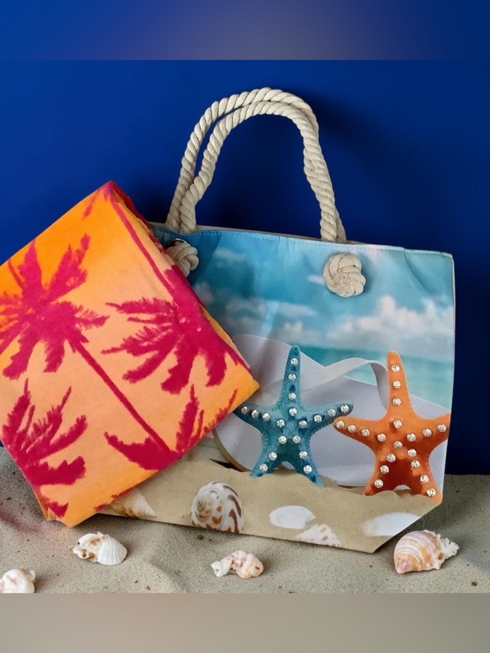 Beach Tote Bag & Towel Set with Starfish Print in Blue, Orange, Turquoise . NWT